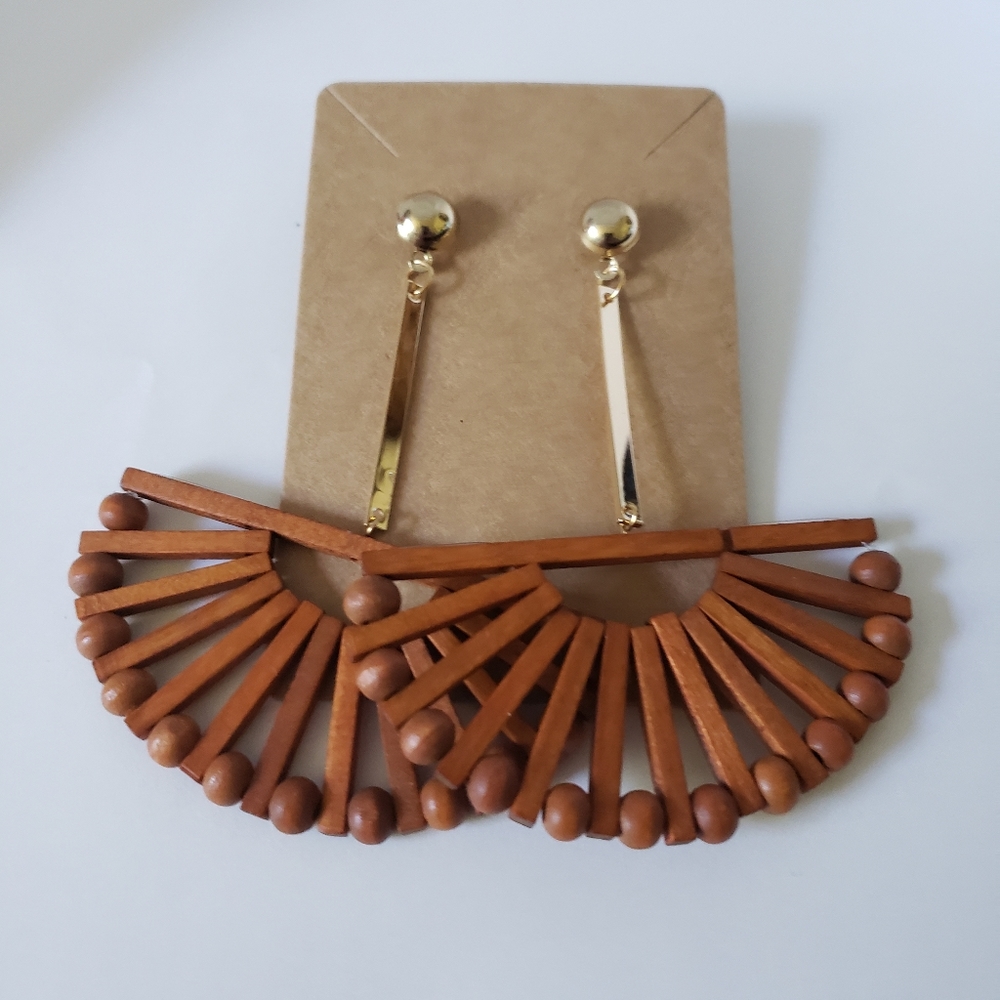 Bohemian wood and gold dangle earrings